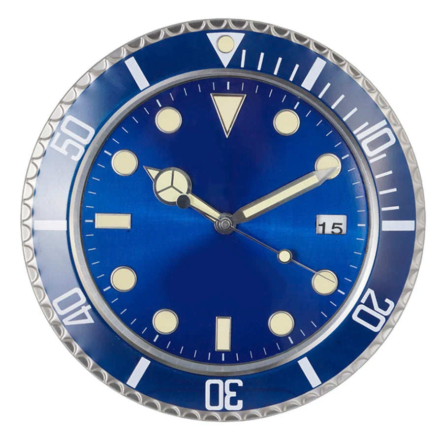horloge murale plongée bleu vert rouge cadran lumineux aiguille quartz métal fixations