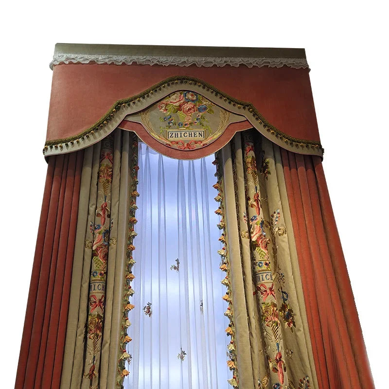 rideaux floral brodés velours beige rose classiques rubans dorés translucides 200x250cm