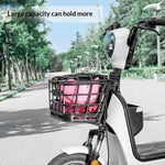 panier avant vélo électrique noir structure grille couvercle poignée fixations utilitaire rangement sac plastique