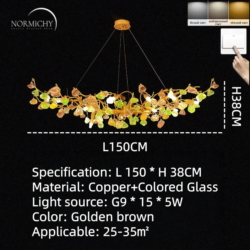 suspension lumineuse moderne dorée branches pierres couleur blanc orange vert