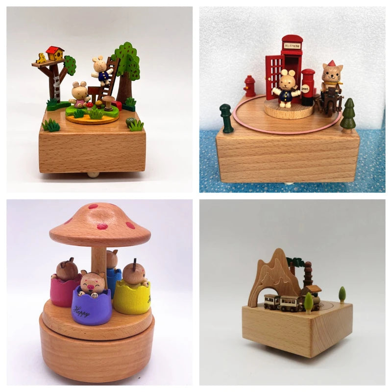 boîte musique bois naturel vintage personnages animaux arbre cabane enfants jouet décoratif