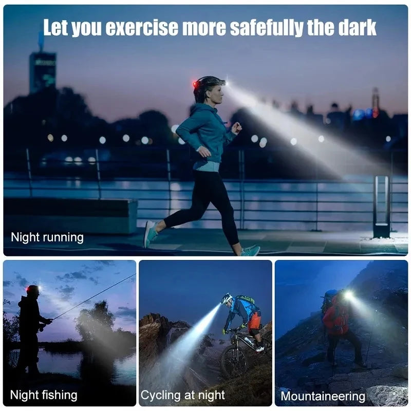 lampe frontale led rechargeable batterie 18650 noir bleu bandes ajustables haute luminosité camping outdoor