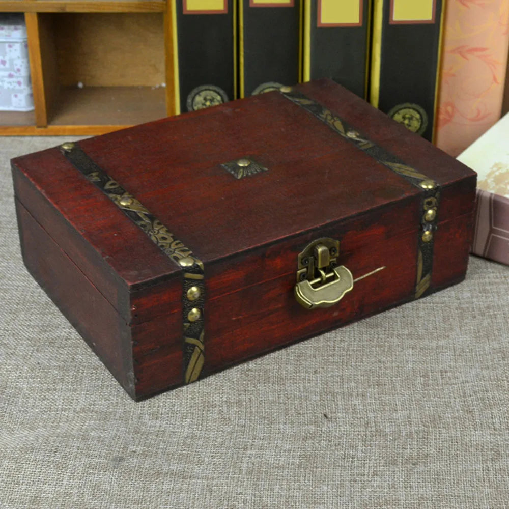 boîte bois marron foncé bandes dorées vintage boîte bijoux rectangle respectueux l'environnement cadenas métallique