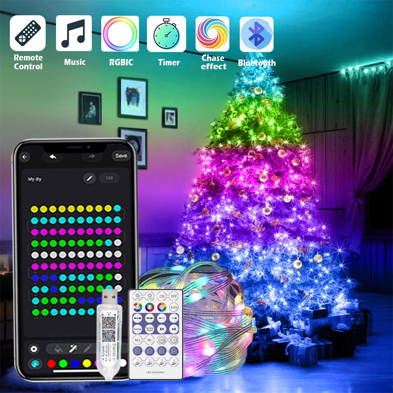 Guirlande lumineuse Bluetooth 10m 100 LED RGB enroulée autour d'un sapin de Noël