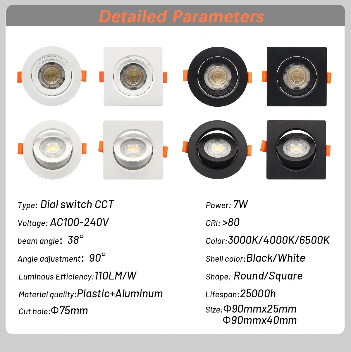 Spot LED encastrable blanc rond carré moderne switch cct 25000h lumens 121v 240v