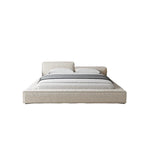 lit moderne bois tissu lin beige oreillers blancs draps gris blancs 188cm 218cm 246cm