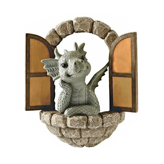 ornement résine dragon gris beige éclairé papillon livre ouvert mur jardinextérieur fantastique médiévalcharmant