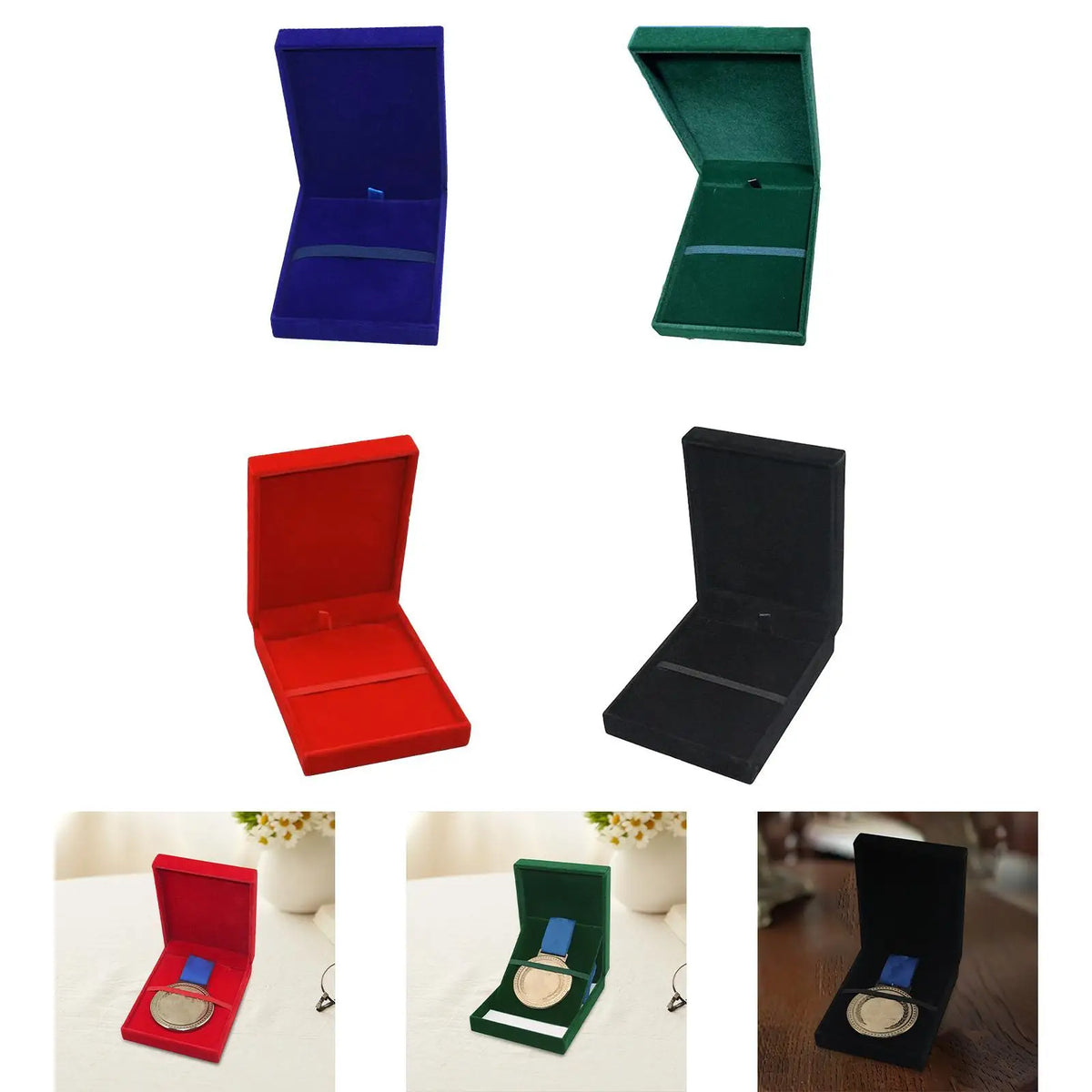 boîte médailles velours uni rouge verte bleue noire classique anti poussière collecte sports