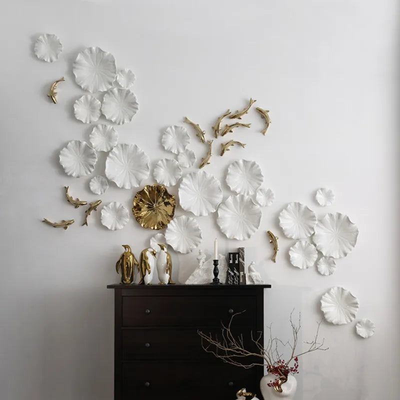 décoration murale céramique fleurs branches dorées argentées blanc contemporain objet déco intérieur