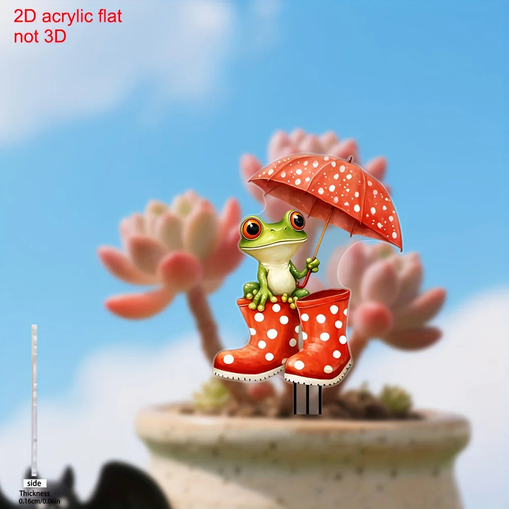 figurine grenouille verte parapluie rouge points blancs cartoon tringle extérieure pot fleurs jardin automne