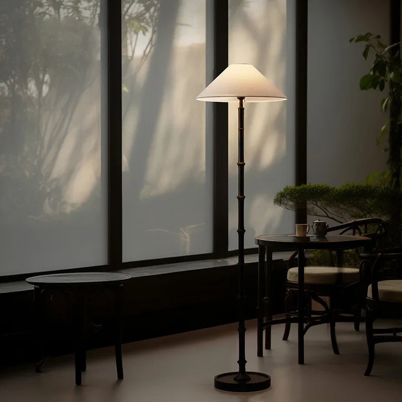 lampe sol moderne bambou noir rayures verticales abatjour tissu 11w led 90260v