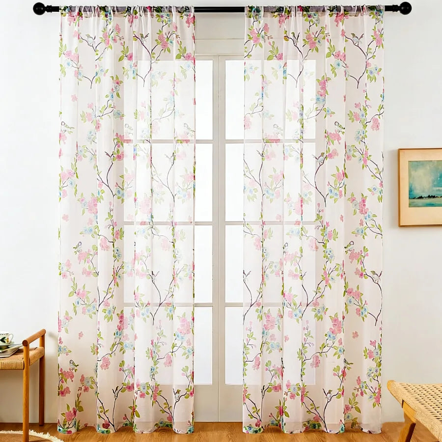 rideaux décoratifs floral blanc rose vert bleu polyester translucides tringle