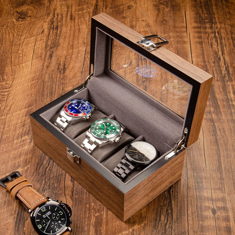 boîte montres 10 slots bois marron velours gris verre transparent classique clips verrouillage