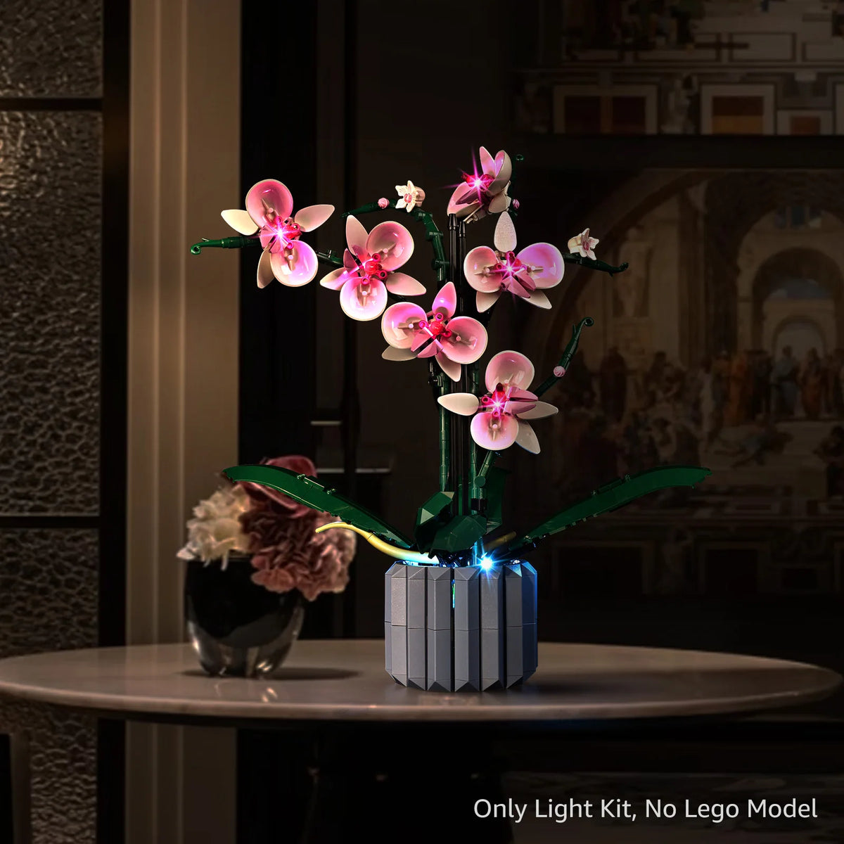 orchidée lego rose blanche verte fleurs feuilles larges kit led instructions adaptateur câble garantie