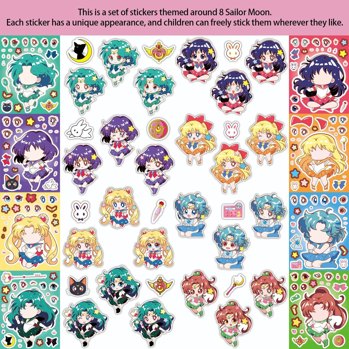 stickers autocollants kawaii dessin animé personnages animés yeux coeurs étoiles motifs floraux waterproof pièces