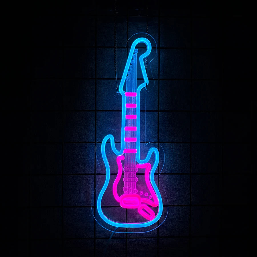 néon lumineux guitare rock roll live music couleur rouge bleu jaune blanc fixations