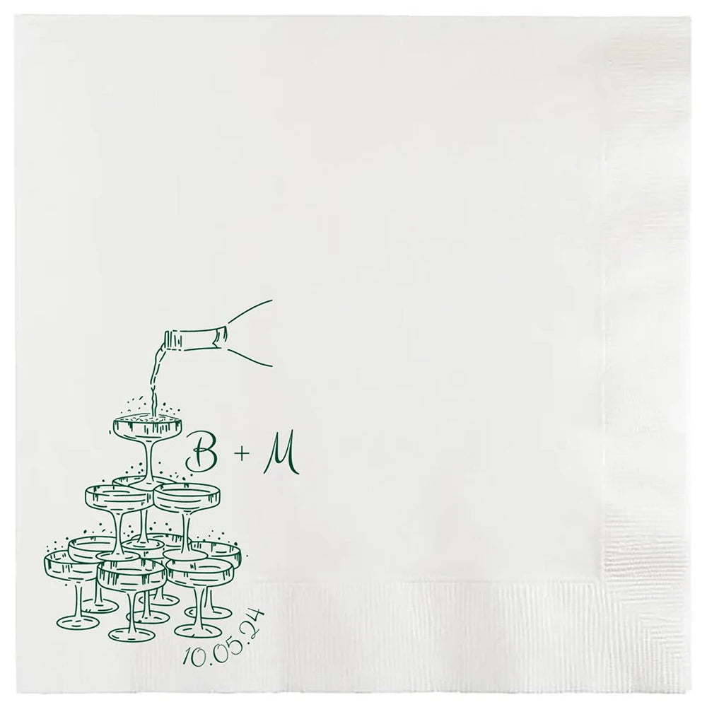 serviette papier blanche mariage dessin bouteille vin champagne monogramme personnalisée fête anniversaire réception élégante
