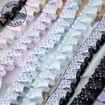ruban plissé dentelle polyester largeur 2.5cm mariage noir blanc rose bleu violet points noirs