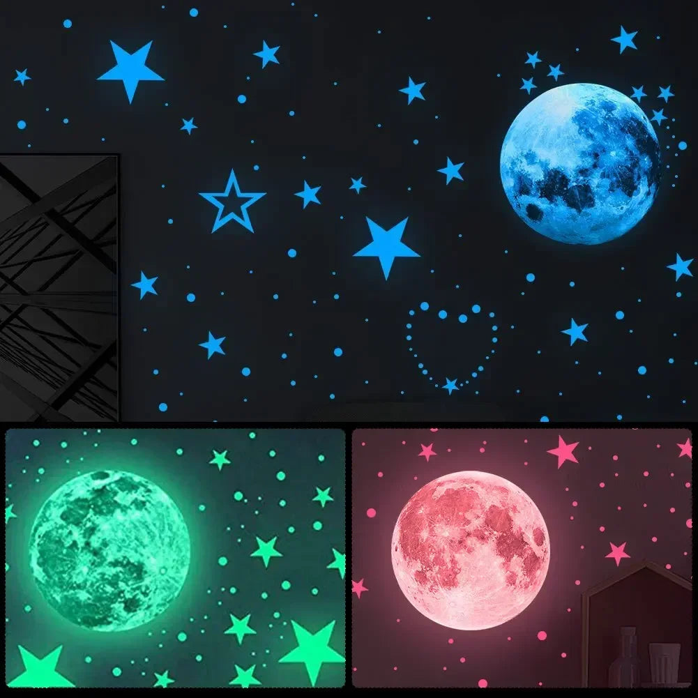 sticker mural lumineux lune étoiles bleu vert rose chambre enfants décoration maison moderne adhésif
