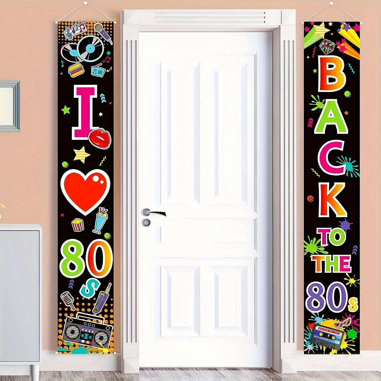 Ensemble de décoration années 80 avec bannière et toile de fond multicolores