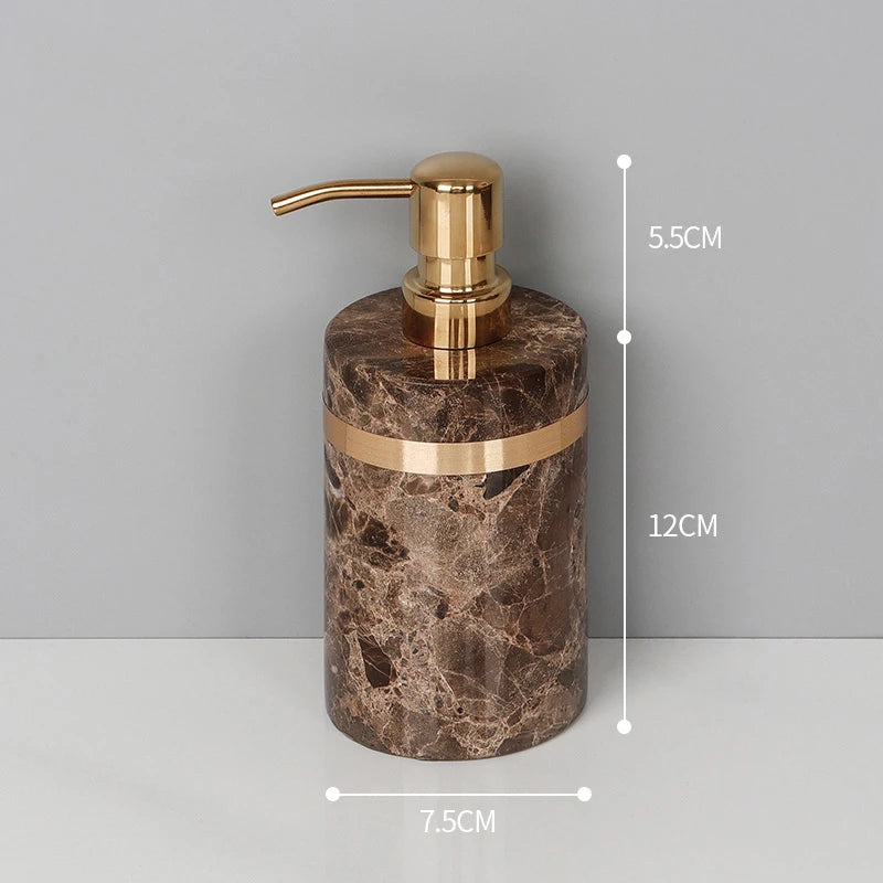 ensemble salle bain marbre moderne marron doré distributeur savon tasse brosse dents adhésif