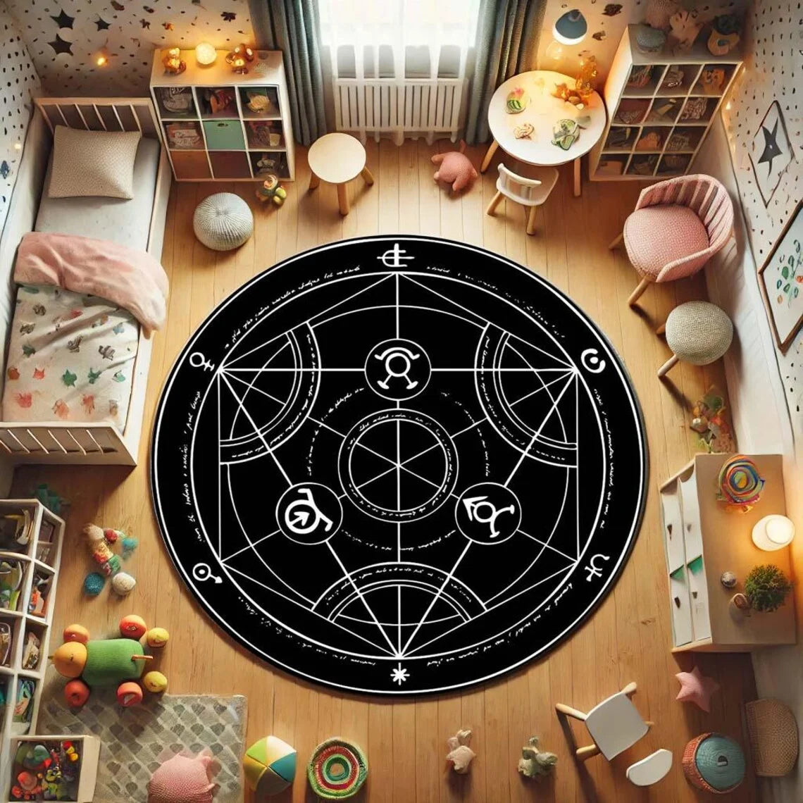 tapis rond moderne astrologique noir blanc chambre salon extérieur déco art mystique