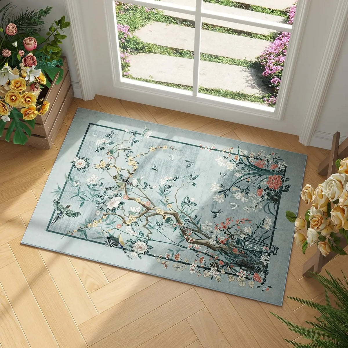 tapis sol floral oiseaux fleurs vert bleu beige résistant antidérapant moderne