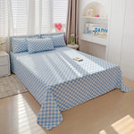 drap lit plat coton bleu clair blanc carreaux géométriques moderne deux oreillers