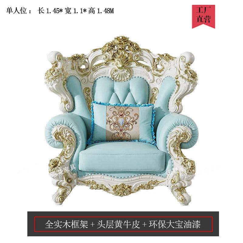 canapé classique bleu clair doré capitonné ornement baroque salon quatre places inclusion coussins