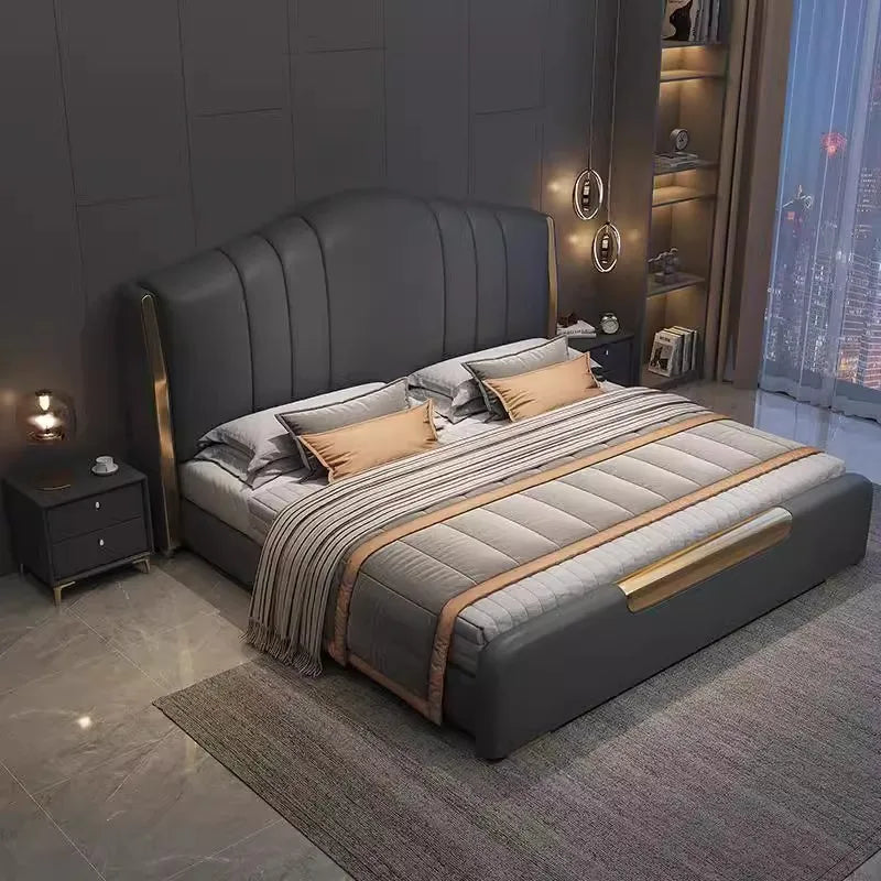 lit double moderne tête lit rembourrée matelas coussins tapis tabourets