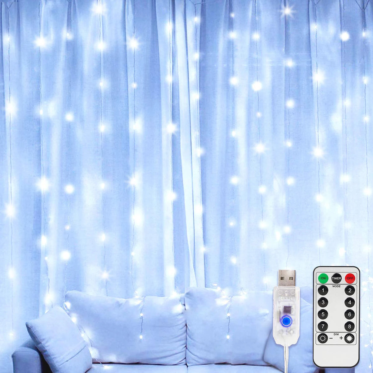 rideau lumineux led blanc doré moderne transparent télécommande usb adaptable noël ramadan nouvel an