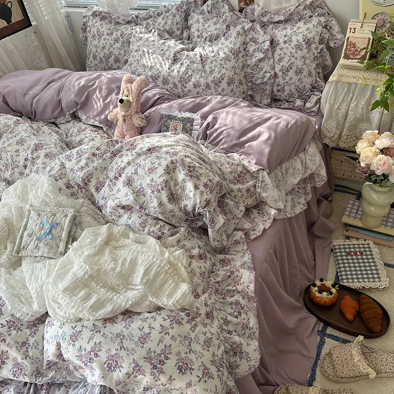 parure lit complète fleurs vintage princesse housse couette drap taies oreillers