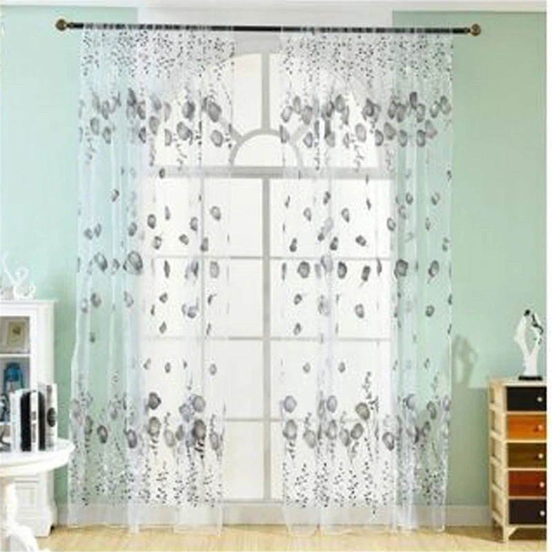 rideau moderne transparent gouttes bleues fond beige salon polyester anneaux