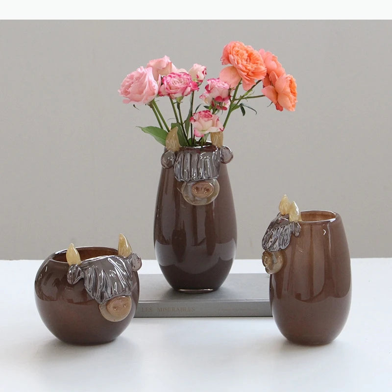 vase tête vache hauteurs cornes marron crème décoration table rustique fleuri moderne chambre salon