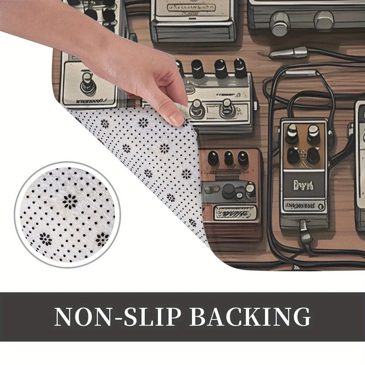tapis gris marron noir blanc motif pédales guitare vintage antidérapant polyester mousse pe moderne