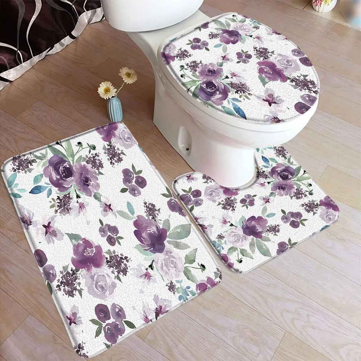 tapis toilette rose fleurs feuilles bain salle beige floral respectueux environnement trois pièces