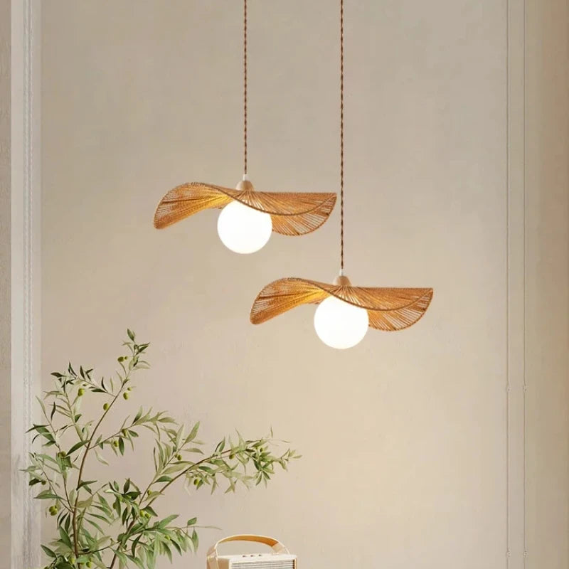 lampe suspendue marron clair tissée moderne chaîne bois salon chambre rustique