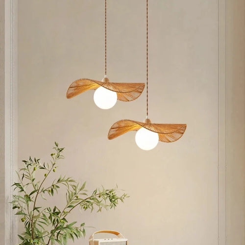 lampe suspendue marron clair tissée moderne chaîne bois salon chambre rustique