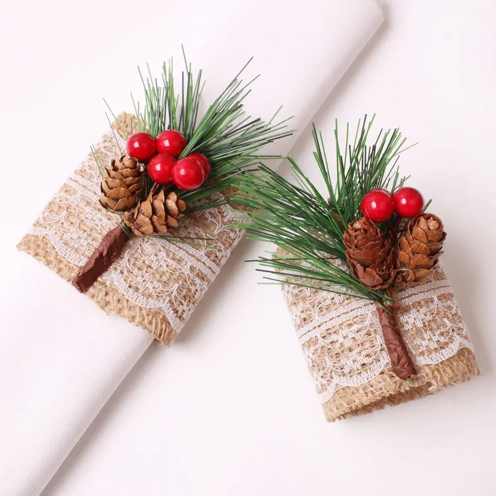 porte serviettes decoratifs burlap dentelle noel branches sapin pommes rouges cones pin festive rustic