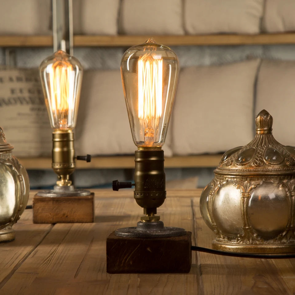 Lampe de table LED industrielle en bois noir avec interrupteur - Décoration rétro