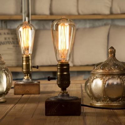 Lampe de table LED industrielle en bois noir avec interrupteur - Décoration rétro