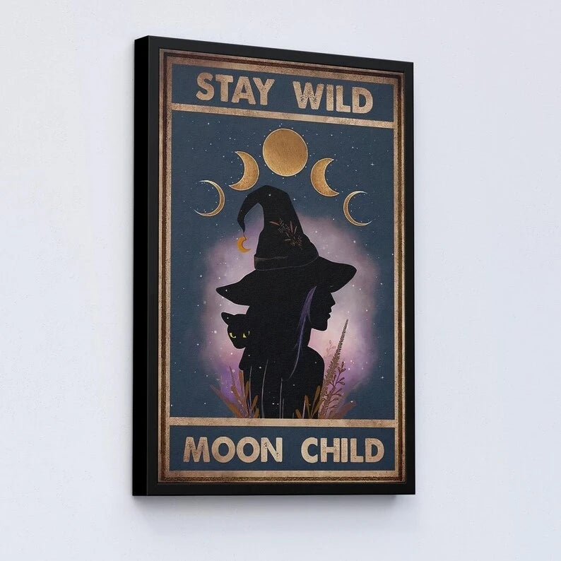 affiche sorcière lune phases chats noirs chambre salon décoration mur vintage mystique clips texte