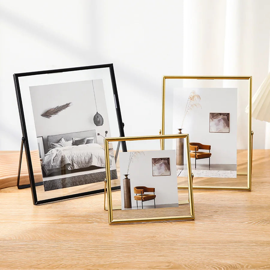 cadre photo rectangle acrylique moderne noir doré transparent pied métal decoration maison