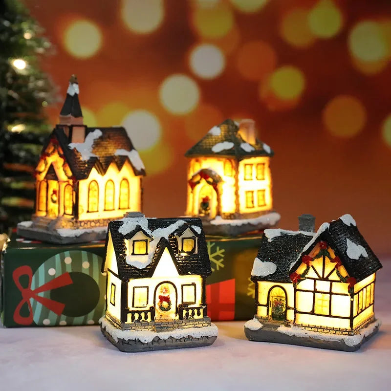 Maison miniature LED pour Noël en résine couleur saphir profond