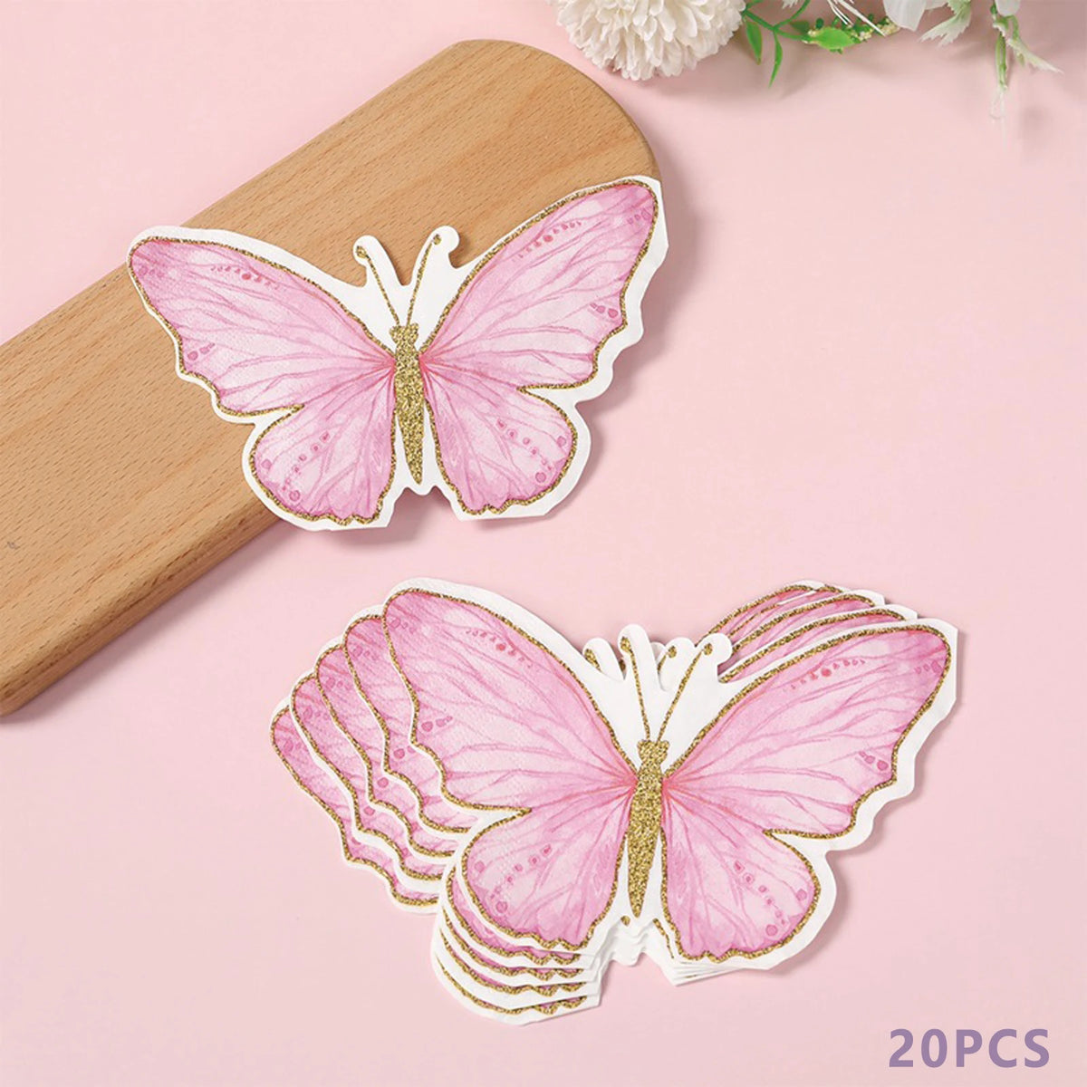 serviettes papier papillon violet rose bleu détails dorés fêtes usage unique pack 20 illustration