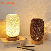 Lampe de chevet en rotin naturel - Abat-jour corde bois - Veilleuse USB et prise EU - Décoration salon chambre
