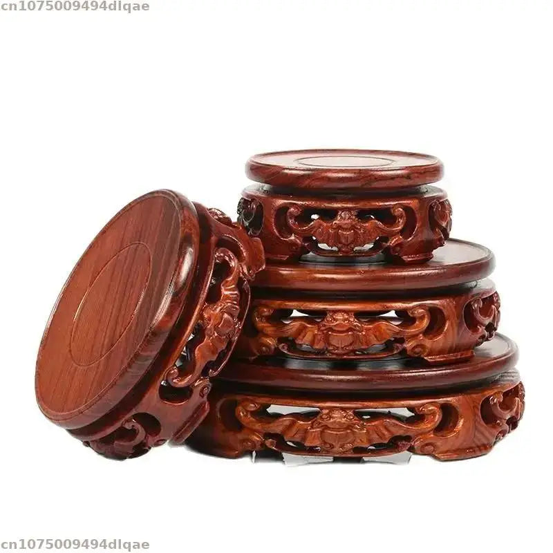 support bois sculpté motifs floraux artisanal decor maison marron foncé tranchant deco vase pot