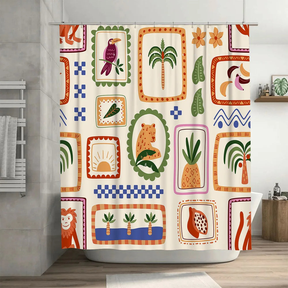 rideau douche tropical motif animaux océanique orangé crème bleu vert