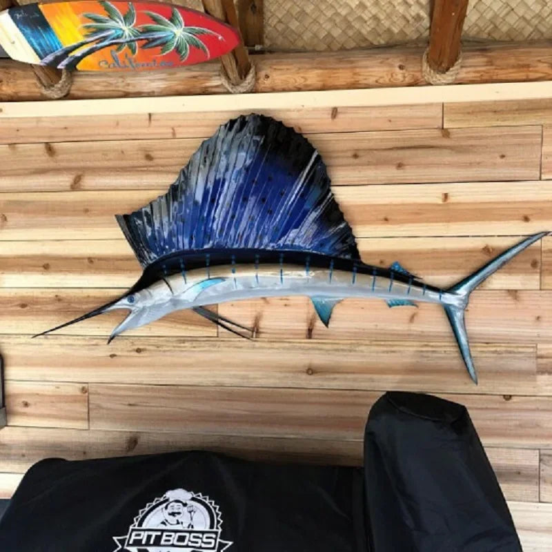 sculpture métal poisson sailfish swordfish réaliste bleu noir décoration murale salon chambre art