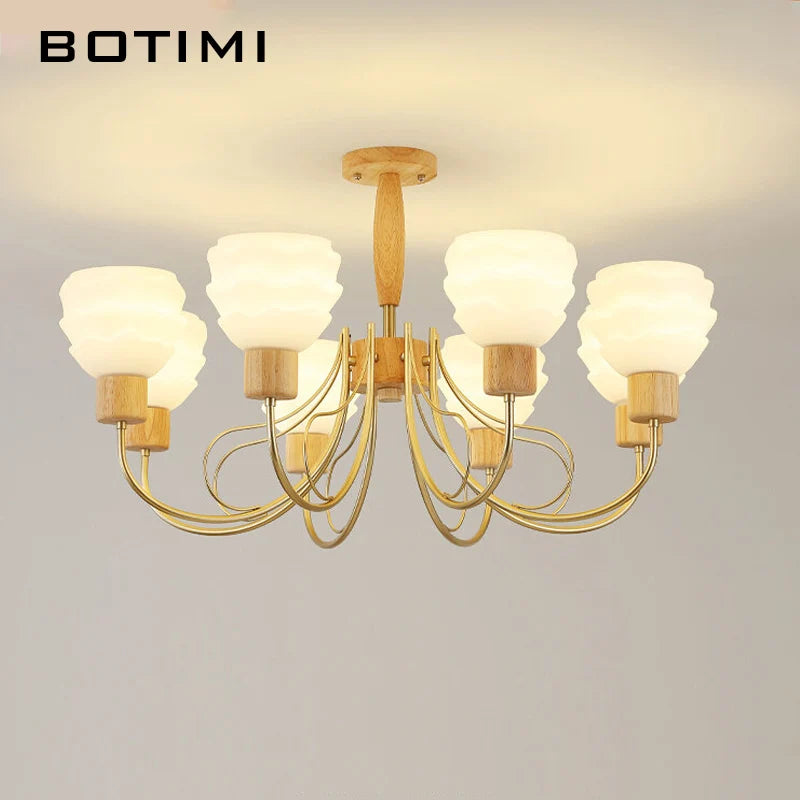 lustre moderne bois abat jour dépoli lumière douce chambre salon six lumières